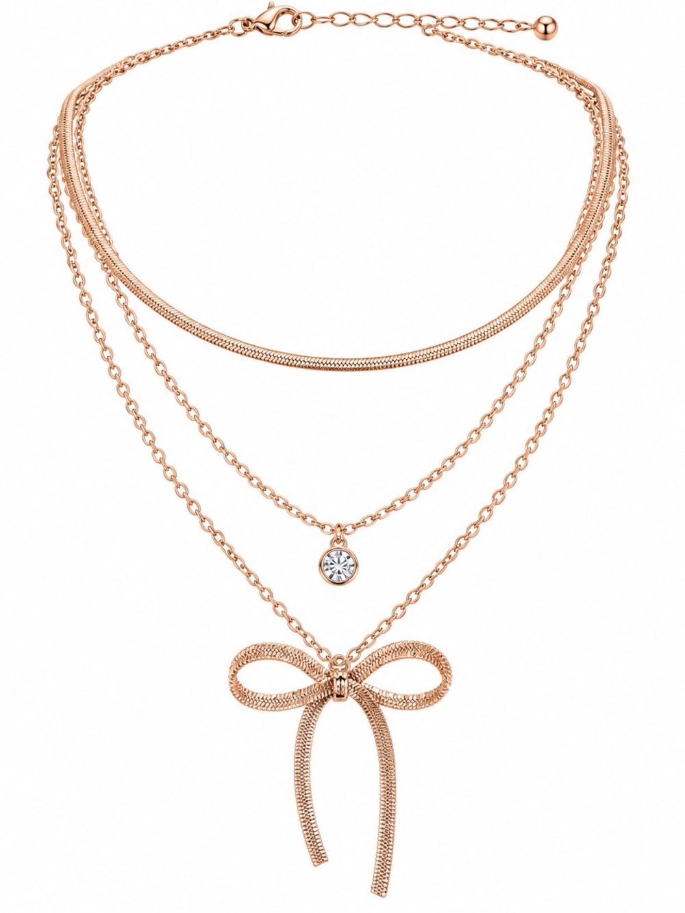 Guess Rose Gold Layered Bow Pendant Necklace with Crystal Charm